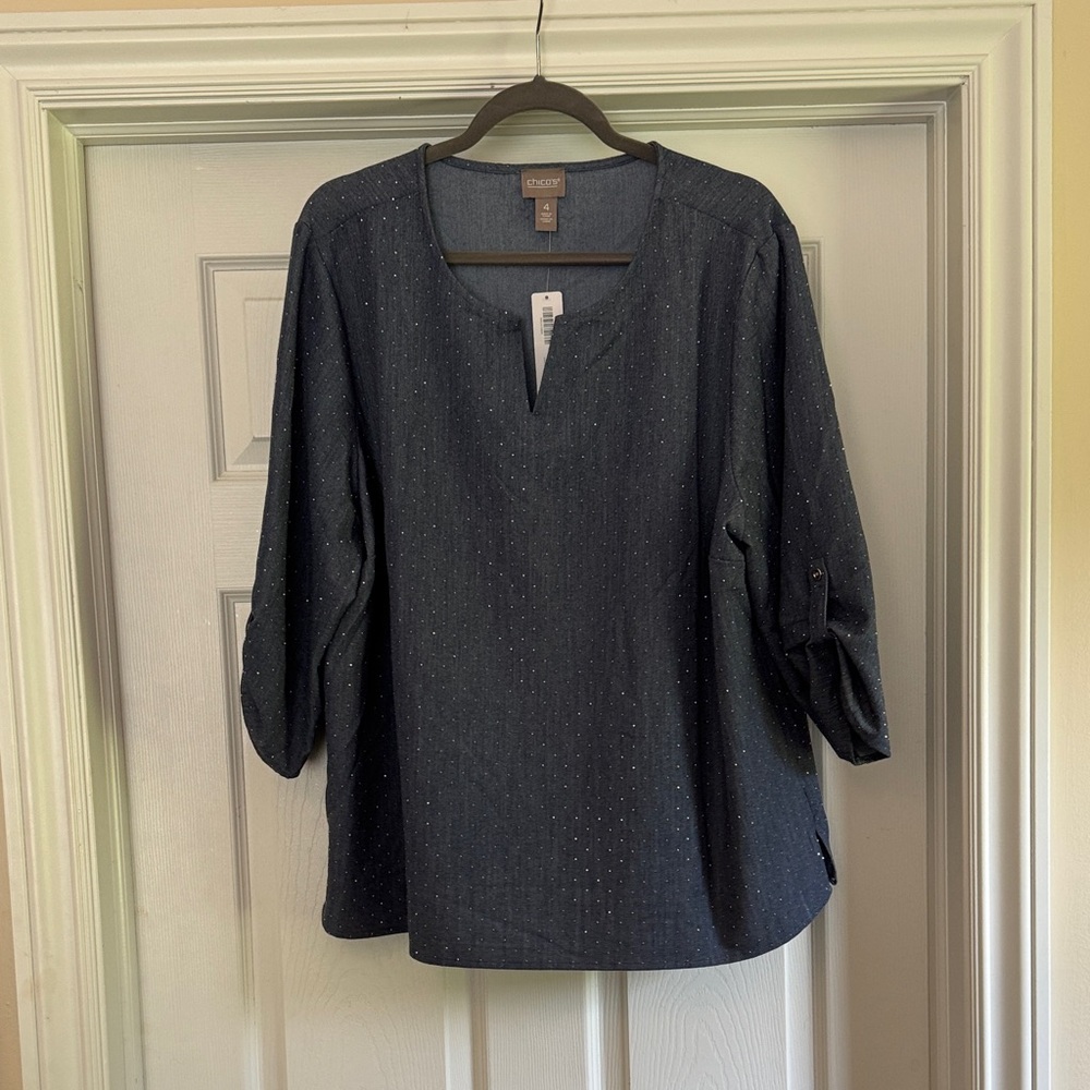 Chico's Dark Blue Blouse with Sparkling Dots